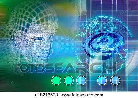 Drawing - Human face and globe superimposed on a blue background. Fotosearch