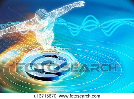 Clipart - Internet symbols superimposed on a blue background of binary code. Fotosearch