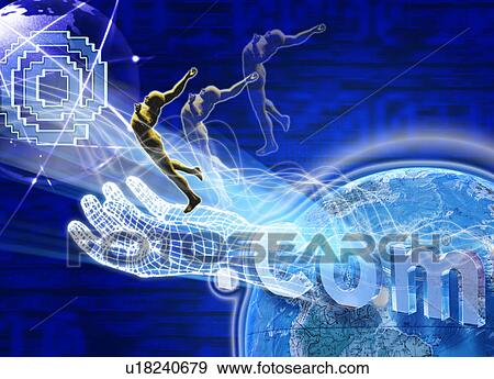 Stock Illustration - Internet symbols superimposed on a blue background. Fotosearch