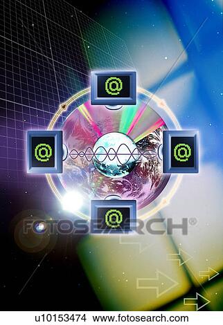 Stock Illustration - Internet symbols superimposed on a glowing background. Fotosearch