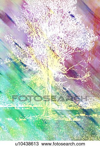Drawing - Bare tree superimposed on a green background. Fotosearch