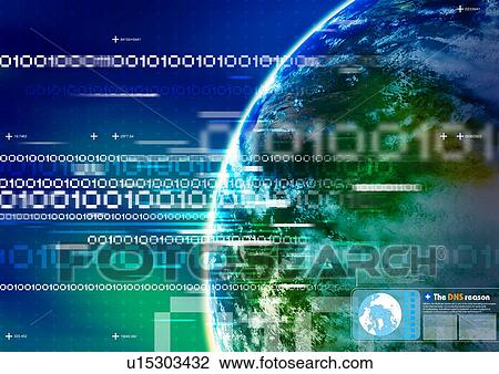 Binary code superimposed on a background of the earth View Large Illustration Drawing - Binary code superimposed on a background of the earth. Fotosearch