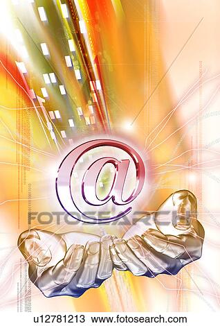 Drawing - Internet symbol in human hands superimposed on a yellow background. Fotosearch