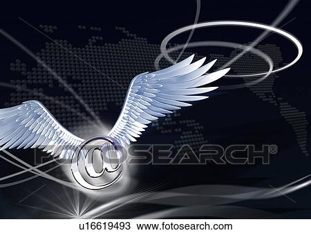 Drawing - Internet symbol with wings superimposed on a black background. Fotosearch