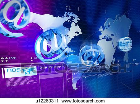 Clip Art - Internet symbols superimposed on a map of the world. Fotosearch