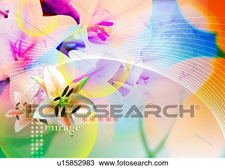 Orchids superimposed on a multi colored background View Large Illustration Drawing - Orchids superimposed on a multi colored background. Fotosearch