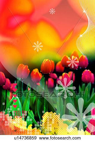 Tulips superimposed on a multi colored background View Large Illustration Stock Illustration - Tulips superimposed on a multi colored background. Fotosearch