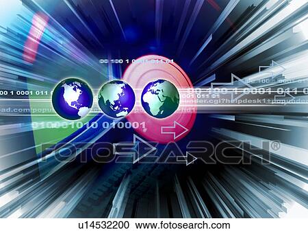 Globes and arrows superimposed on a blue background View Large Illustration Clipart - Globes and arrows superimposed on a blue background. Fotosearch