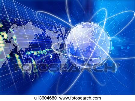 Clipart - World map superimposed on a blue background. Fotosearch