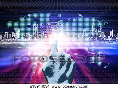 Stock Illustration - World map superimposed on a dark background. Fotosearch