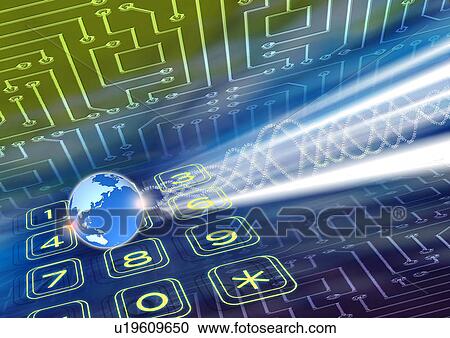 Clipart - Dial pad and a globe superimposed on a circuit board. Fotosearch
