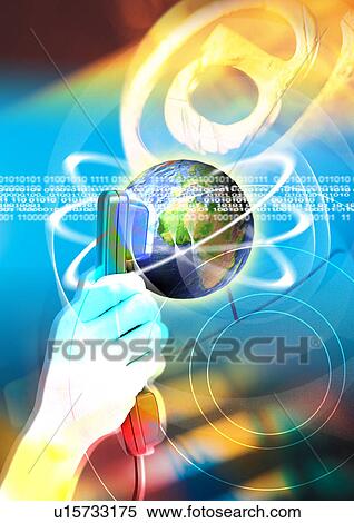 Stock Illustration - Globe in human hands superimposed on a blue background. Fotosearch