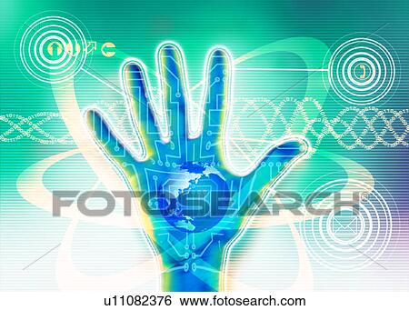 Stock Illustration - Globe on a human hand superimposed on a green background. Fotosearch