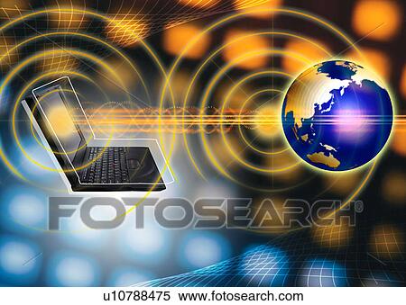 Stock Illustration - Glowing rings and a globe superimposed on a brown background. Fotosearch