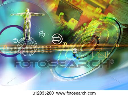 Clipart - Human form on a globe superimposed on a blue background. Fotosearch