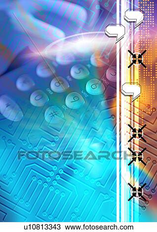 Mobile phone superimposed on a blue background View Large Illustration Drawing - Mobile phone superimposed on a blue background. Fotosearch