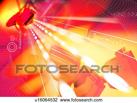 Drawing - Computer cables superimposed on a yellow and red background. Fotosearch