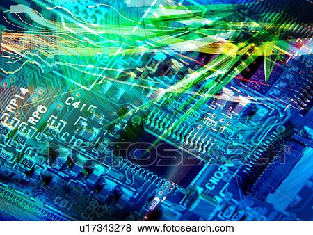 Stock Illustration - Close-up of a circuit board superimposed on a blue background. Fotosearch
