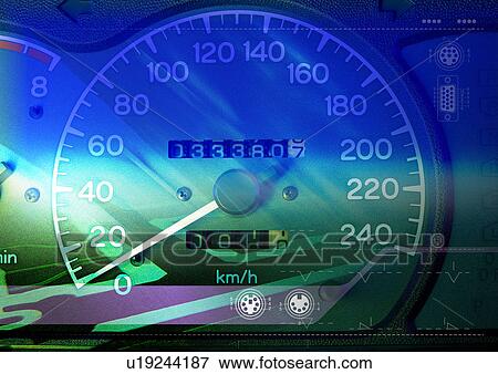 Stock Illustration - Close-up of a speedometer superimposed on a blue background. Fotosearch
