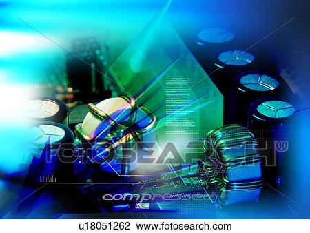 Drawing - Components on a circuit board superimposed on a blue background. Fotosearch