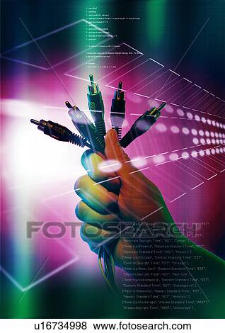 Computer cables in a person's hand superimposed on a pink background View Large Illustration Stock Illustration - Computer cables in a person's hand superimposed on a pink background. Fotosearch
