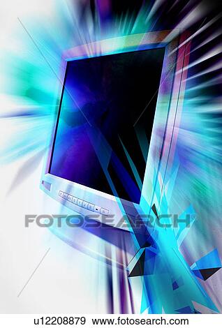 Stock Illustration - Computer monitor superimposed on a blue background. Fotosearch