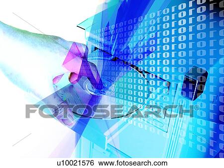 Person's hand inserting a CD superimposed on a blue background View Large Illustration Stock Illustration - Person's hand inserting a CD superimposed on a blue background. Fotosearch