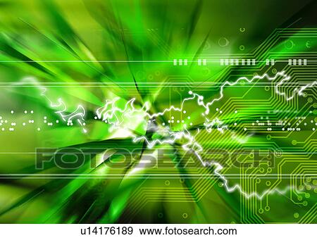 Stock Illustration - White rays superimposed on a green tinted circuit board. Fotosearch