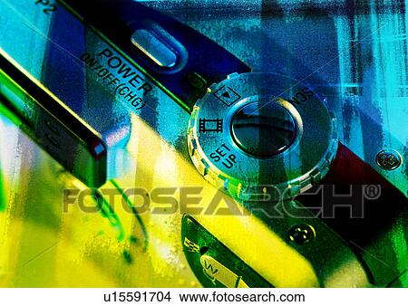 Stock Illustration - Camera superimposed on a blue background. Fotosearch