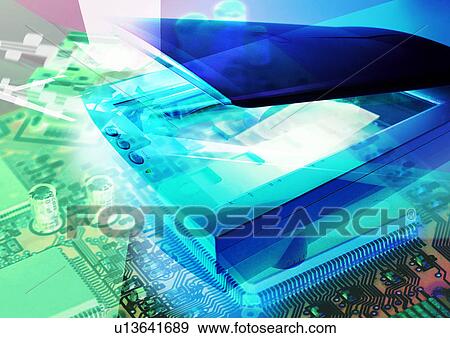 Stock Illustration - Circuit board superimposed on a blue background. Fotosearch