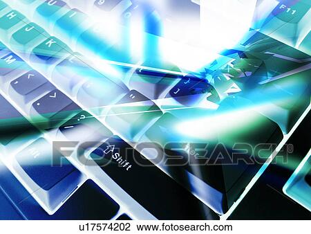Drawing - Computer keys superimposed on a blue background. Fotosearch