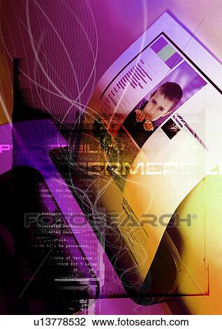 Drawing - Computer printer superimposed on a purple background. Fotosearch