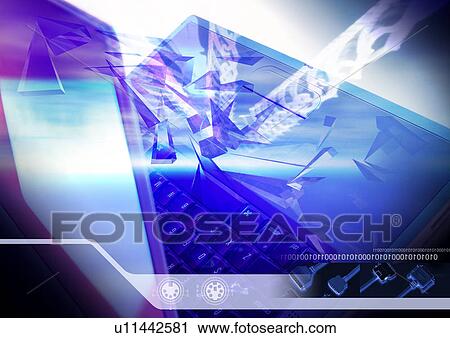 Clip Art - Laptop superimposed on a blue background. Fotosearch