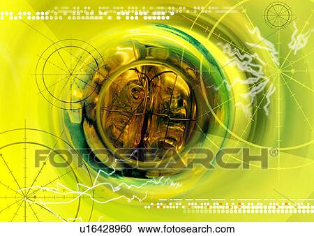 Clipart - Metallic sphere superimposed on a yellow background. Fotosearch