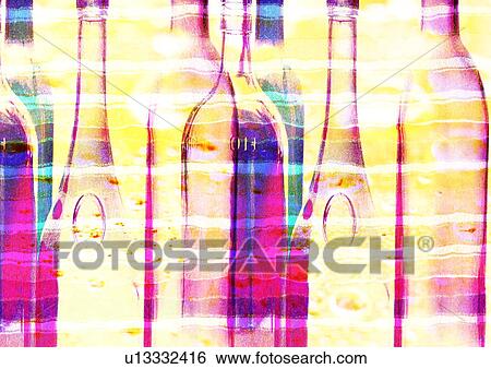 Stock Illustration - Close-up of bottles superimposed on a yellow background. Fotosearch