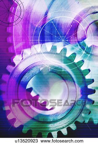 Gear wheels superimposed on a multi colored background View Large Illustration Drawing - Gear wheels superimposed on a multi colored background. Fotosearch