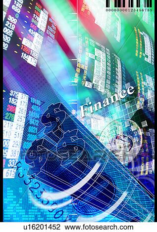 Drawing - Dollar signs superimposed on a blue background. Fotosearch