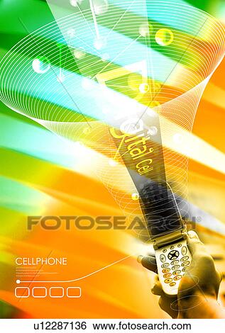 Stock Illustration - Mobile phone superimposed on a green and orange background. Fotosearch