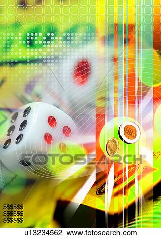 Drawing - Playing dice superimposed on a multi colored background. Fotosearch