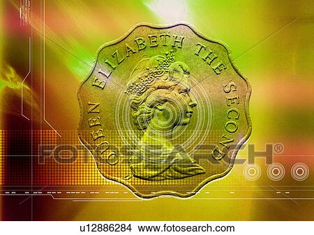 Stock Illustration - Close-up of a coin superimposed on a green background. Fotosearch