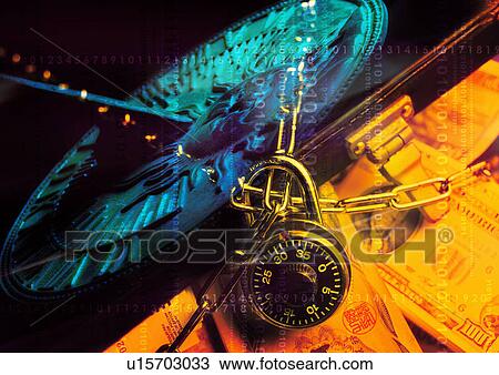 Close-up of a lock and chain superimposed on a currency View Large Illustration Drawing - Close-up of a lock and chain superimposed on a currency. Fotosearch