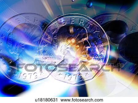 Clip Art - Close-up of coins superimposed on a blue background. Fotosearch