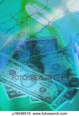 Stock Illustration - Close-up of money superimposed on a blue background. Fotosearch