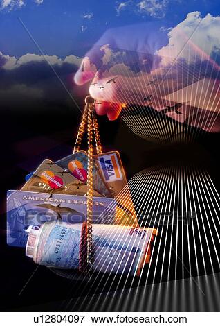 Stock Illustration - Credit cards in a person's hand superimposed on the sky. Fotosearch