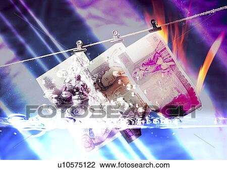 Drawing - Currency notes hanging on a clothesline superimposed on a blue background. Fotosearch