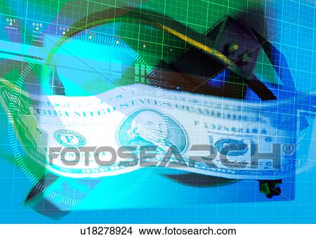Dollar bill superimposed on a blue background View Large Illustration Stock Illustration - Dollar bill superimposed on a blue background. Fotosearch