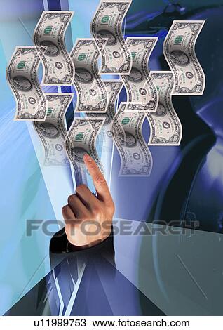 Drawing - Person's finger on money superimposed on a grey background. Fotosearch