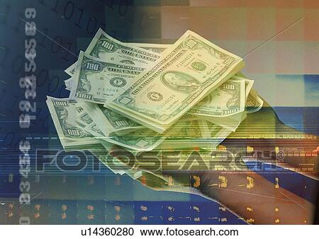 Wads of money in a person's hand superimposed on a pattern View Large Illustration Clipart - Wads of money in a person's hand superimposed on a pattern. Fotosearch