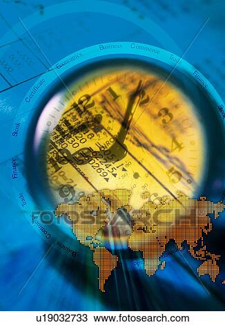 Drawing - Clock face superimposed on a world map. Fotosearch