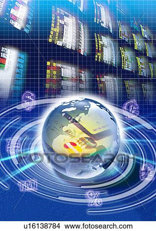 Glass sphere superimposed on a background of television screens View Large Illustration Stock Illustration - Glass sphere superimposed on a background of television screens. Fotosearch